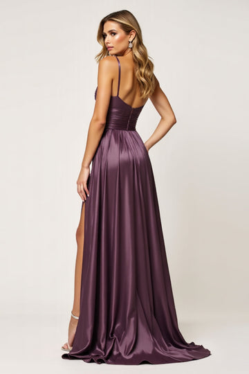 Purple A Line Spaghetti Straps Cut Out Satin Prom Dress